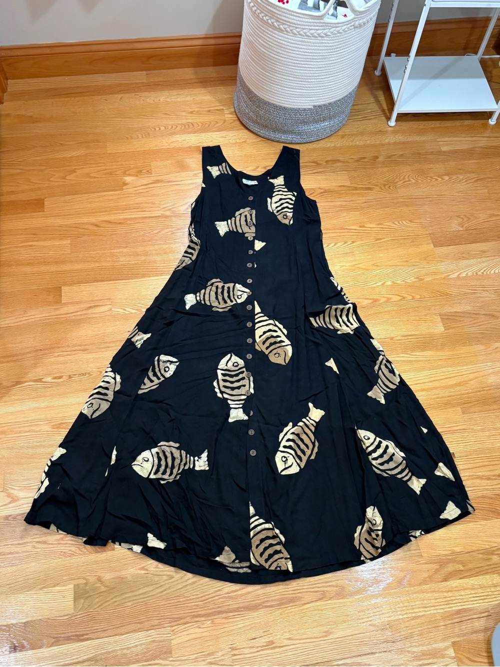 Sleeveless Black Midi Dress with Gold Fish Print
